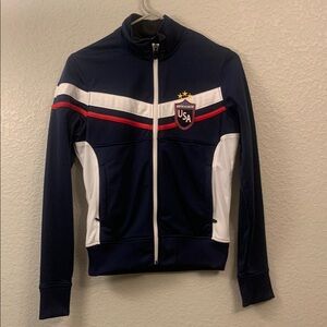 Brooks Blue and White Varsity Jacket with Bold Stripe Design